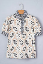 White Floral Print Striped Patchwork Button Neck Short Sleeve Blouse
