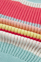 Green Stripe Color Block Hollow Out Knit Short Sleeve Sweater