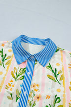 Multicolour Floral Print Striped Trim Button Down Shift Dress