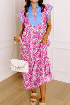 Floral Print Color Block Patchwork V Neck Short Sleeve Midi Dress