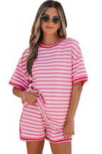 Pink Stripe Contrast Trim Short Sleeve Top Loose Shorts 2pcs Casual Outfit