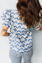 Sky Blue Floral Print Flounced Short Sleeve Contrast Trim V Neck Blouse