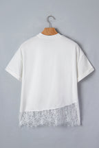 White Asymmetric Lace Hem Patchwork Tee