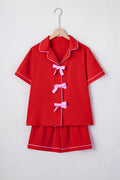 Fiery Red Contrast Trim Ribbon Bow Short Silky 2pcs Pyjama Set