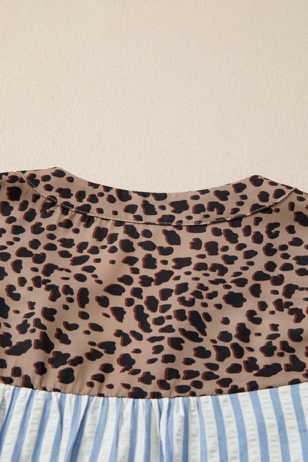 Sky Blue Stripe Leopard Trim V Neck Button Down Half Sleeve Shirt