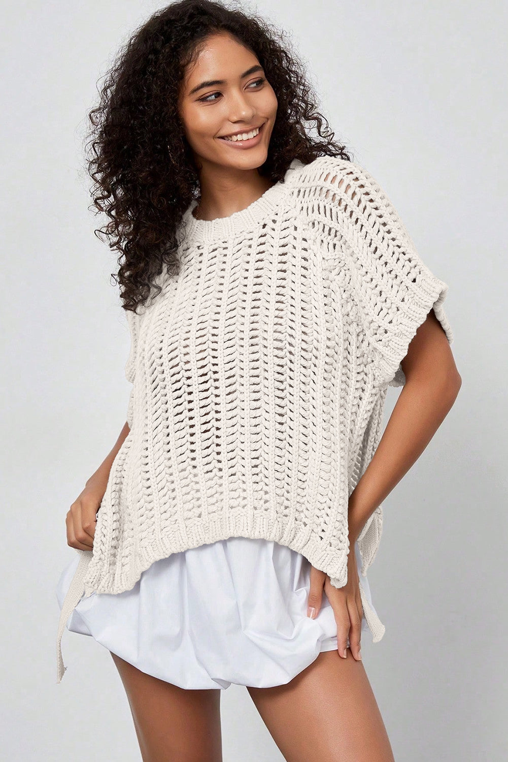 Plus Size Open Knit Bow Tie Short Sleeve Sweater