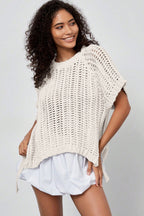 Plus Size Open Knit Bow Tie Short Sleeve Sweater