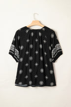 Boho Chic Notched V Neck Plus Floral Short Sleeve Top