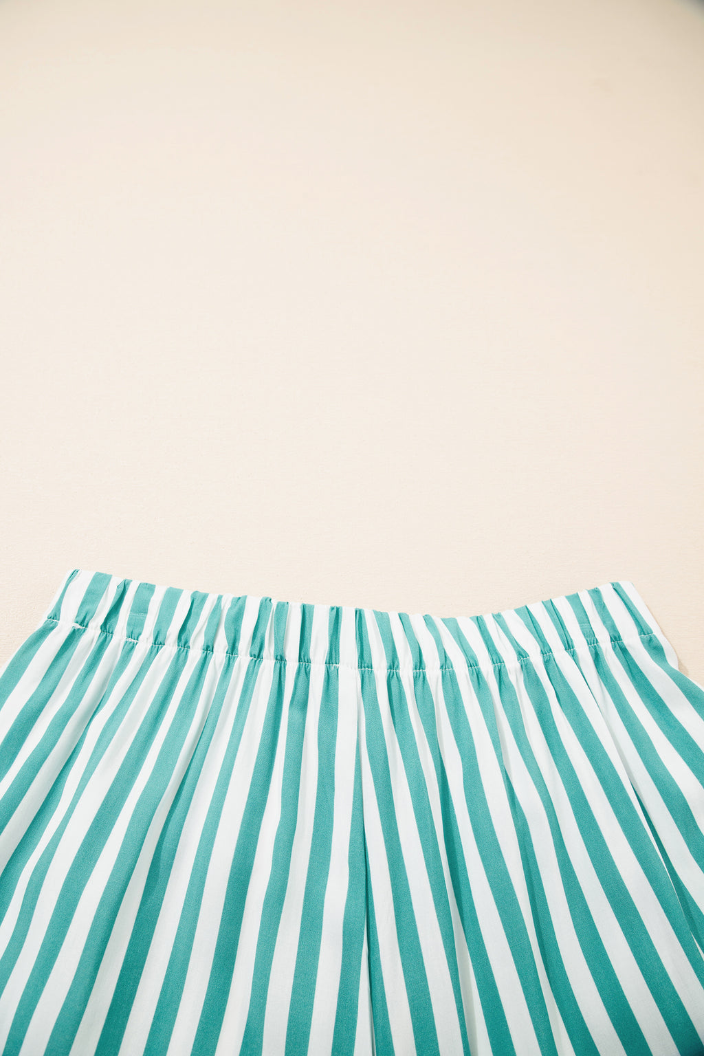 Green Stripe Contrast Ricrac Trim Long Sleeve Shirt Drawstring Ruffled Pyjama Short Set