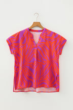 Multicolour Abstract Print V Neck Cuffed Short Sleeve Shift Slit Blouse