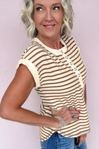Striped Half Buttons Round Neck T Shirt