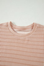Striped Raised Rib Loose Tee Drawstring Elastic Waist 2pcs Short Set