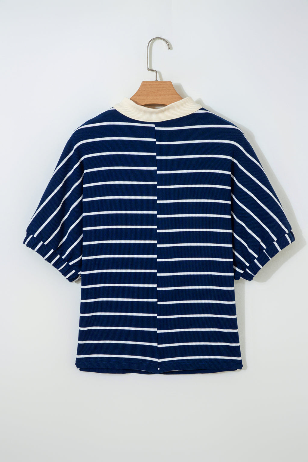 Stripe Stand Collar V Neck Elastic Cuffs Half Sleeve Dolman Top