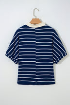 Stripe Stand Collar V Neck Elastic Cuffs Half Sleeve Dolman Top