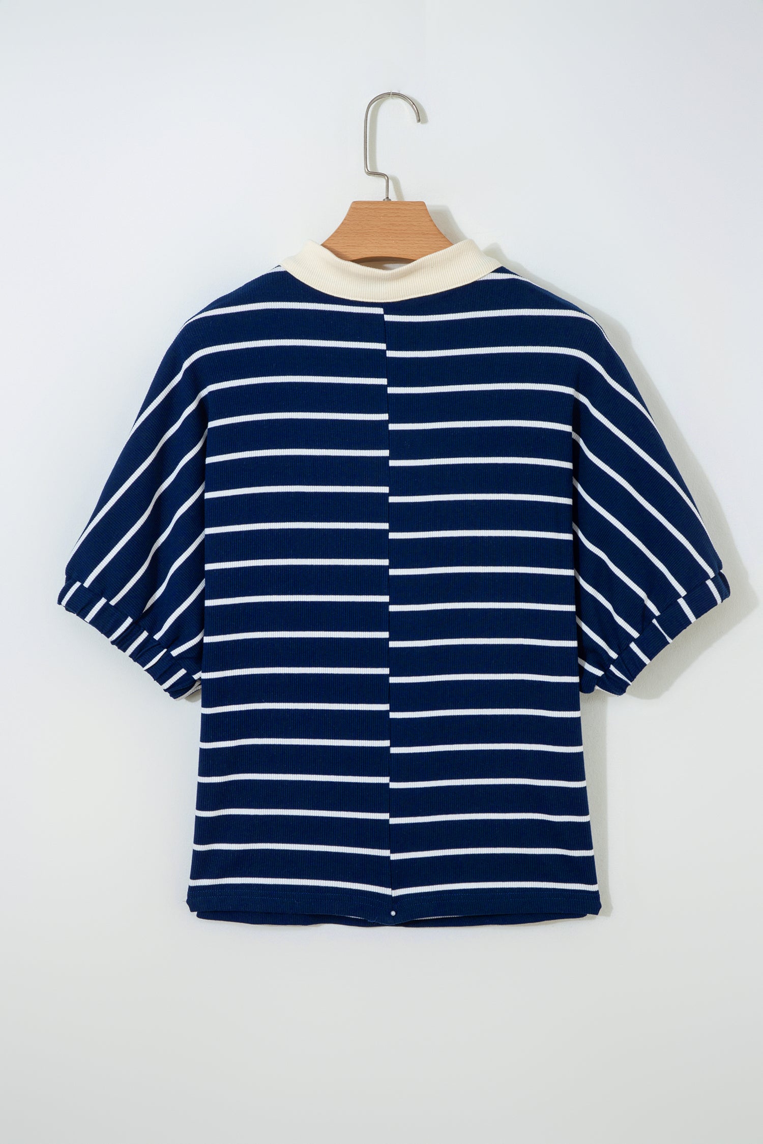 Stripe Stand Collar V Neck Elastic Cuffs Half Sleeve Dolman Top