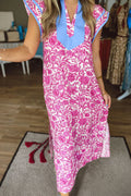 Floral Print Color Block Patchwork V Neck Short Sleeve Midi Dress