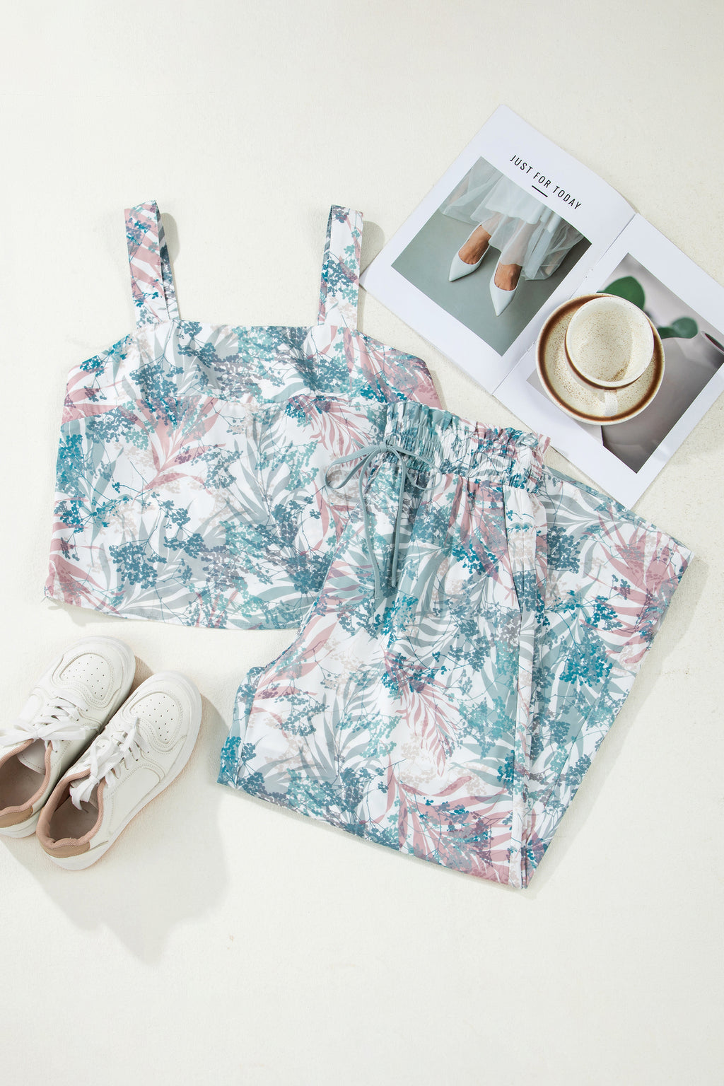 Green Tropical Palm Printed Cropped Tank Drawstring Wide Leg Pant Set
