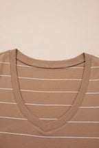 Khaki Stripe Casual Short Sleeve Side Slit Maxi T Shirt Dress
