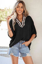 Black Dolman Half Sleeve Leopard Patchwork Trim V Neck Blouse