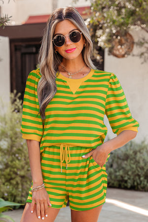 Striped Puff Short Sleeve T Shirt Matching Shorts Set