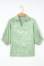 Collared V Neck Half Sleeve Metallic Top