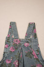 Floral Print Pleated High Waist Wide Leg Denim Jumpsuit