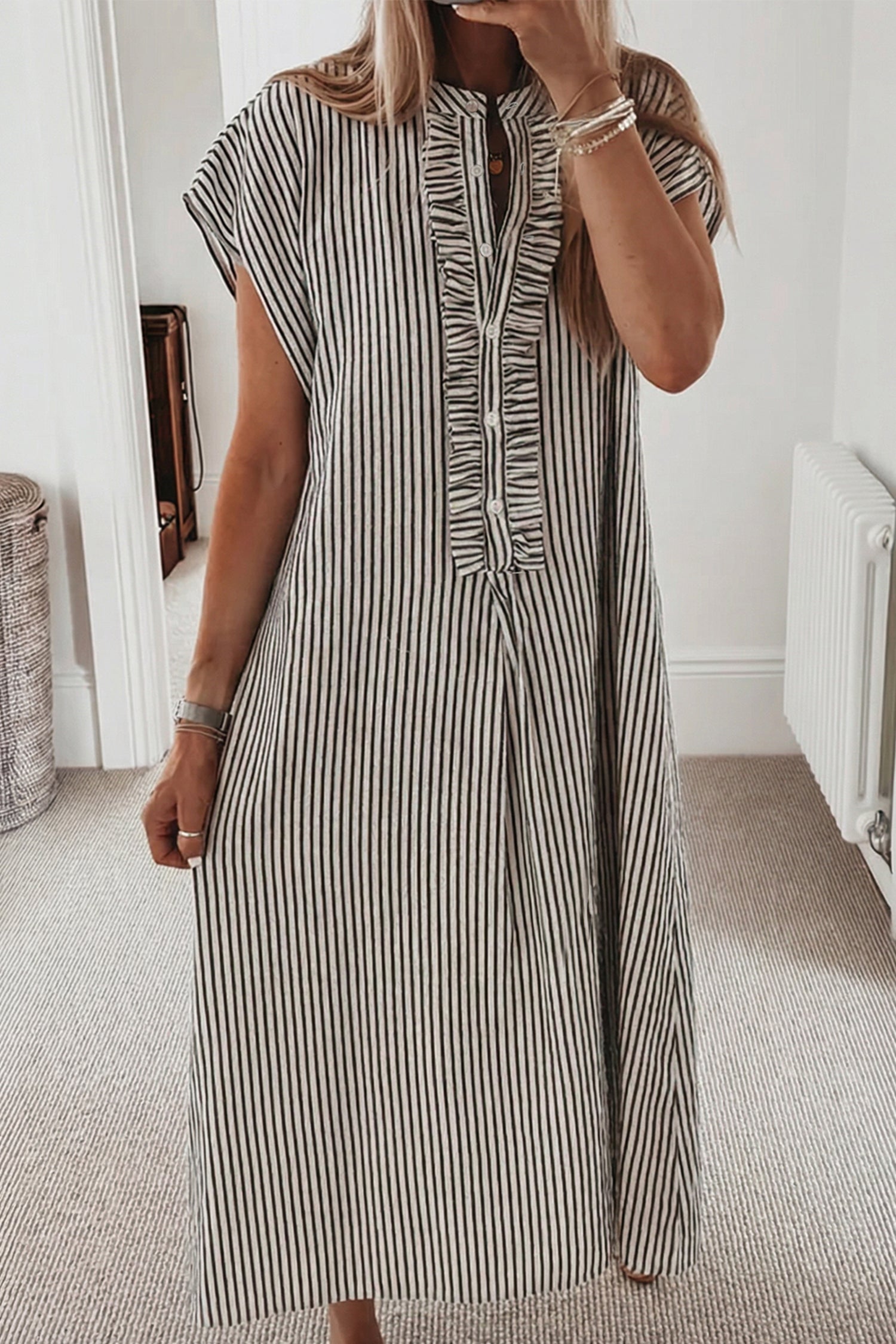 Striped Frilled Detail Half Buttons Short Sleeve Long Dress
