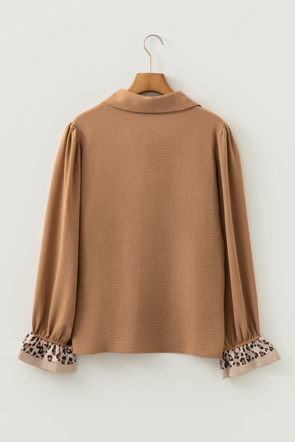 Contrast Leopard Print Patchwork Polo Collar Buttons Front Ruffled Long Sleeve Blouse