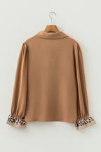 Contrast Leopard Print Patchwork Polo Collar Buttons Front Ruffled Long Sleeve Blouse