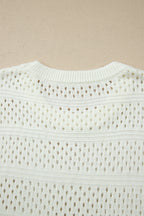 White Plus Size Eyelet Hollow Out Knit Ribbed Trim Short Sleeve Dolman Sweater