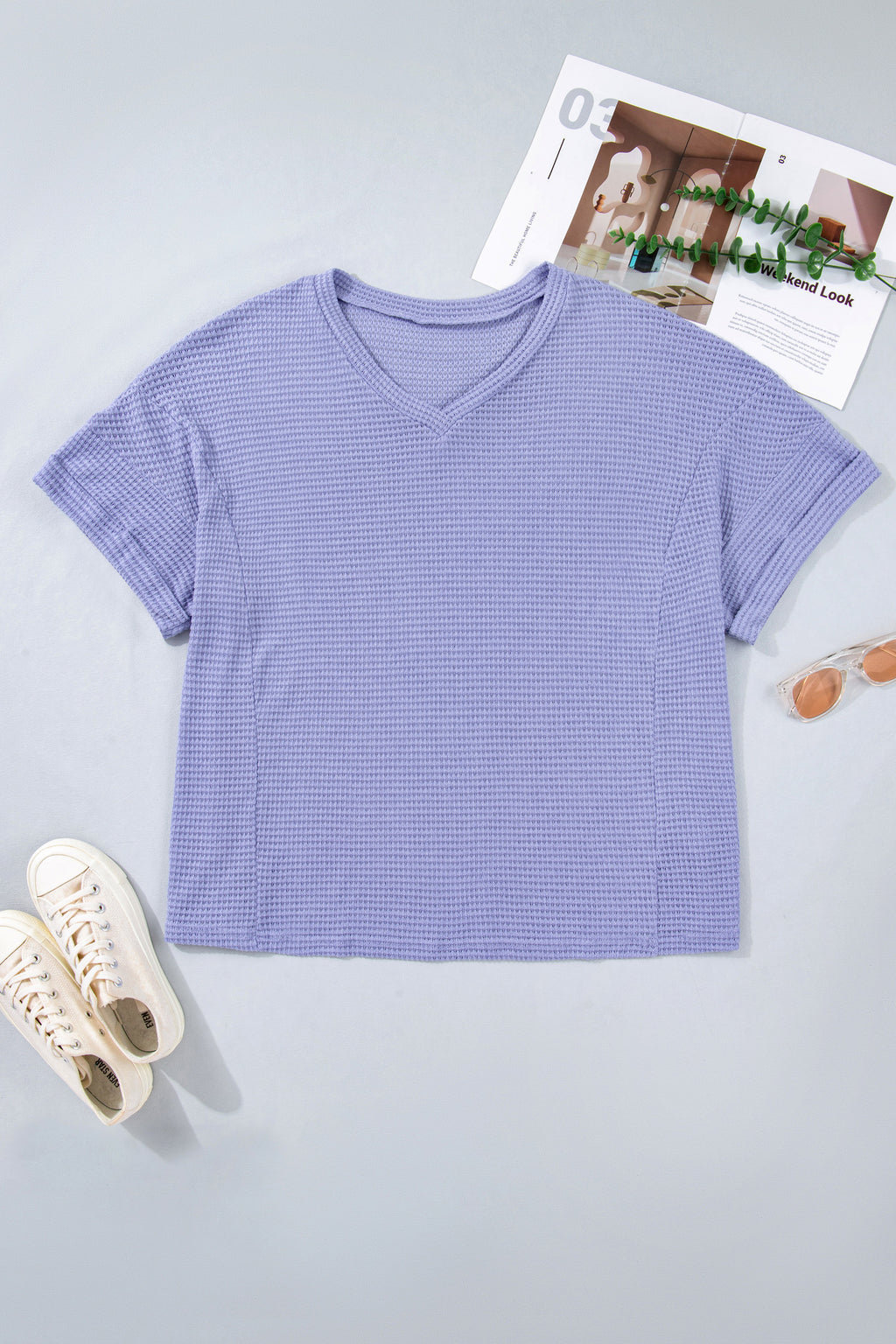 V Neck Short Sleeve Plus Size Waffle Knit Top