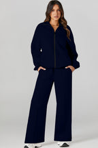Drop Shoulder Zip Up Jacket Drawstring Pants Active 2pcs Set