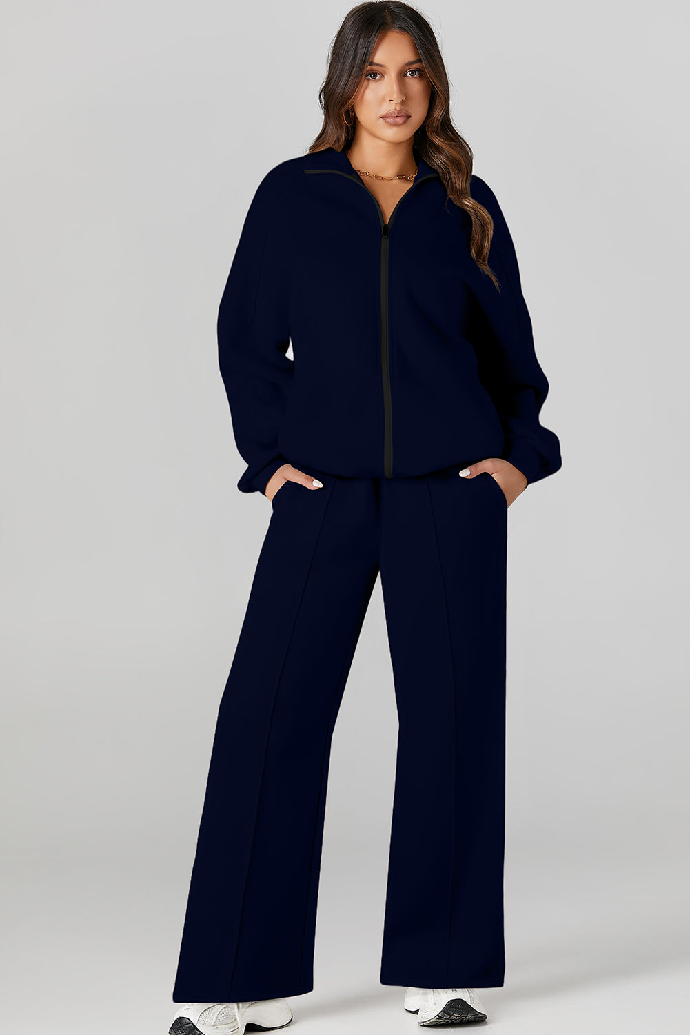Drop Shoulder Zip Up Jacket Drawstring Pants Active 2pcs Set
