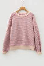 Pink Stripe Exposed Stitching Patchwork Casual Long Sleeve Top