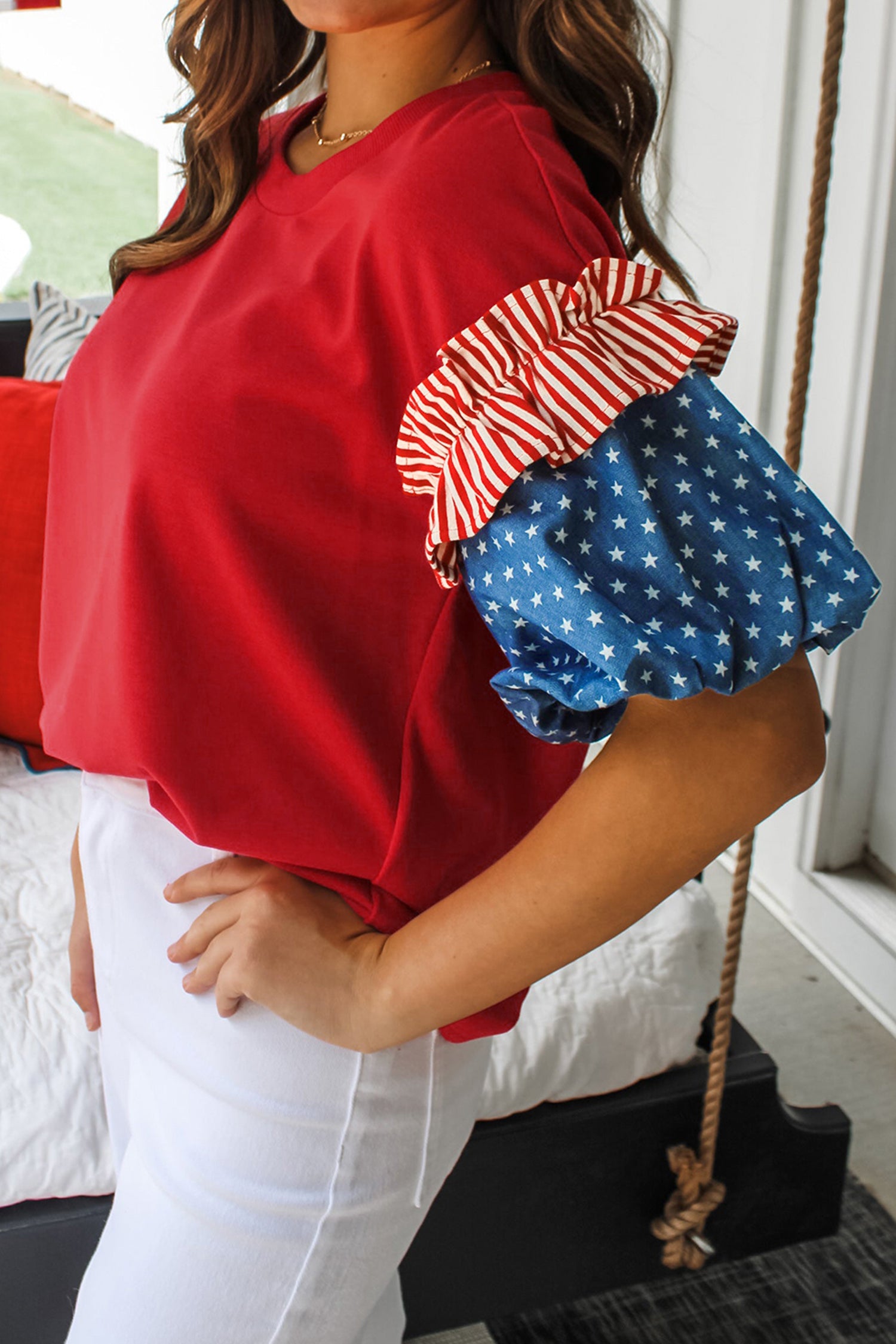 Beau Blue Stars Stripes Short Puff Sleeve Top
