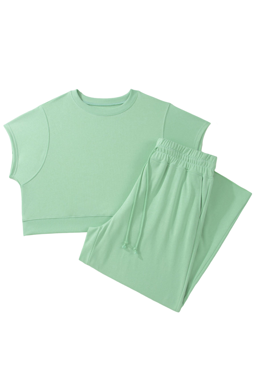 Solid Colour Ribbed Trim Short Sleeve Top Drawstring Loose Pants 2pcs Outfit