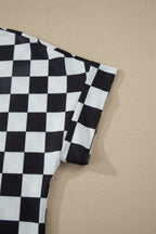 Checkered Print Colour Block Trim Mock Neck Short Set