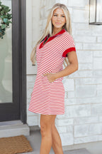Striped Quarter Zip Polo Collar T Shirt Dress with Pockets