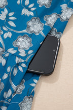 Blue Striped Trim Half Buttons Short Sleeve Floral Dress