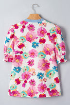 Beige Floral Print Short Puff Sleeve Striped Trim V Neck Blouse