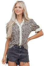 Black Leopard Print Striped Ruffled Color Block Trim V Neck Short Sleeve Blouse