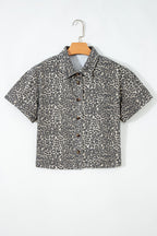 Grey Vintage Leopard Print Short Sleeve Loose Cotton Denim Shirt
