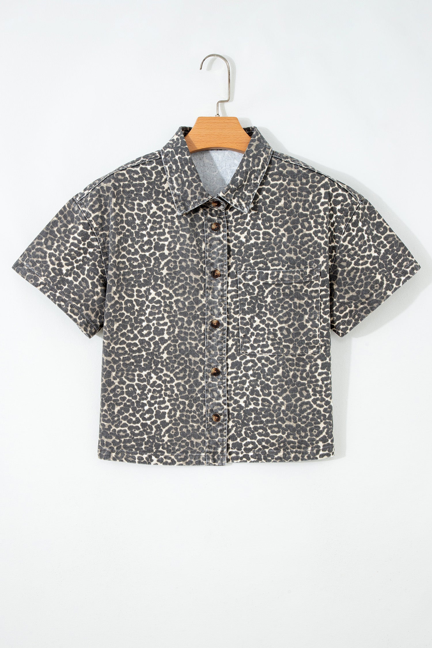 Grey Vintage Leopard Print Short Sleeve Loose Cotton Denim Shirt