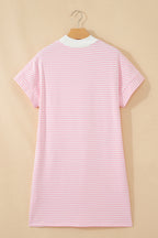 Pink Stripe Cuffed Short Sleeve Contrast Mock Neck Tee Dress