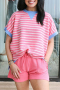 Striped Contrast Trim Loose Short Sleeve Top
