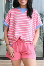 Striped Contrast Trim Loose Short Sleeve Top