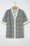 Black Plus Leopard Print Striped Color Block Trim Frilled V Neck Short Sleeve Blouse