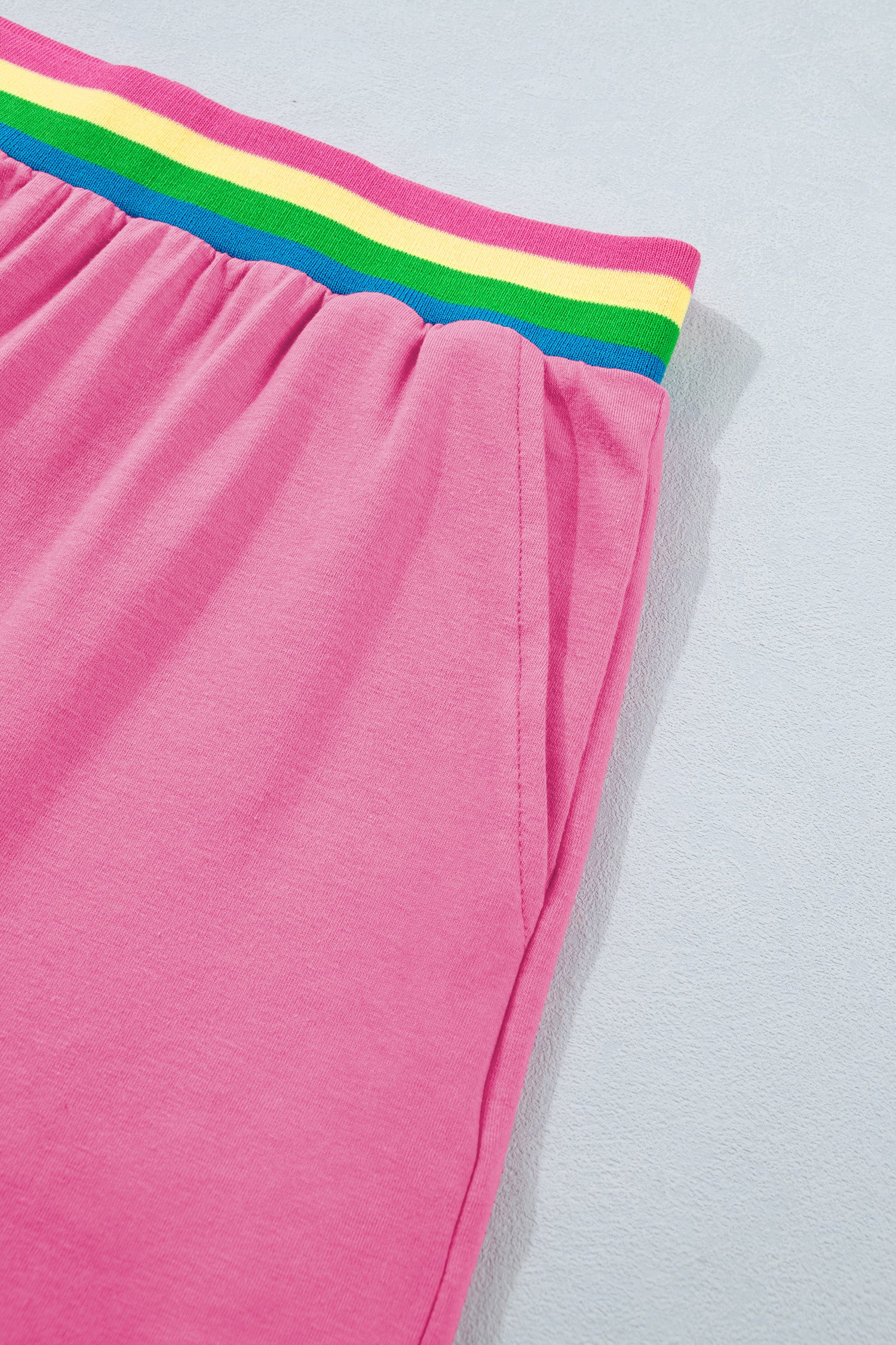 Bright Pink Seam Detail Raw Edge Tee Rainbow Waistband Casual Short Set