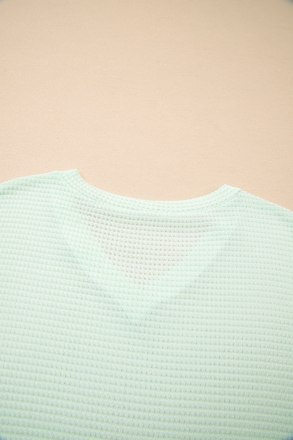 Clearly Aqua Waffle V Neck Short Sleeve Knit Top