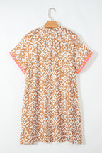 Khaki Western Fashion Print Striped Color Block Patchwork Shift Mini Dress